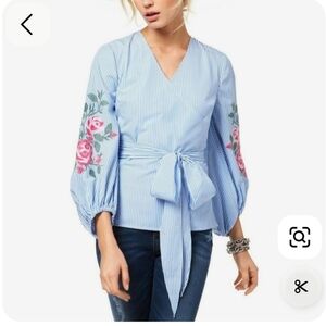 INC International Concepts Blue Striped Pink Floral Balloon Sleeve Blouse Medium